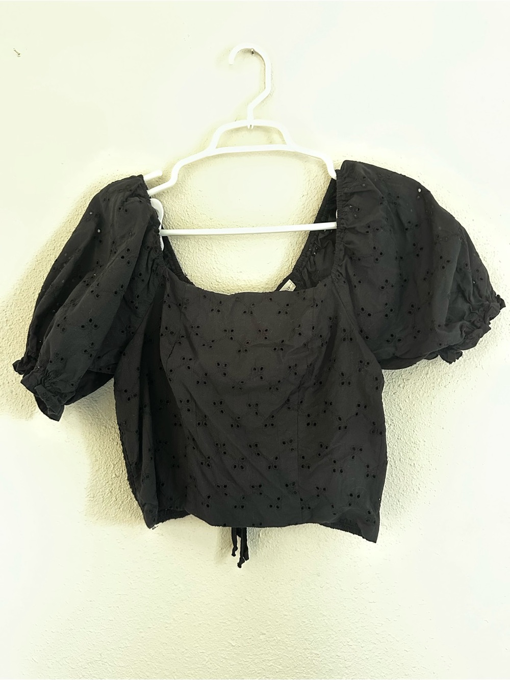 Mason & Belle Black Puff-Sleeve Square Neck Blouse with Eyelette Detail